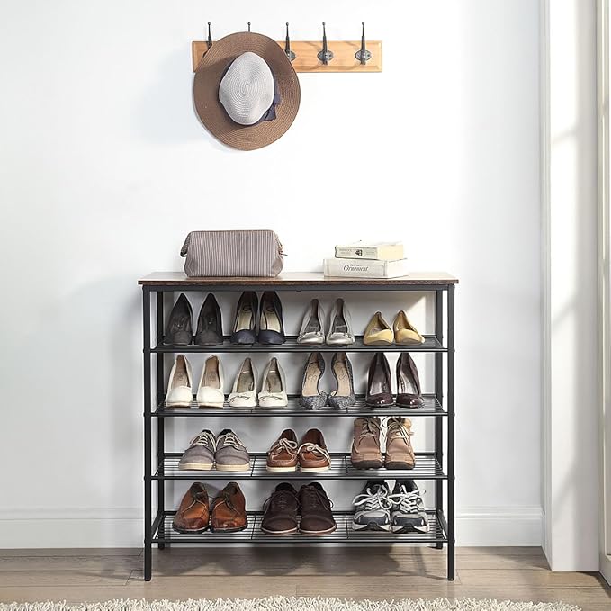 5-Tier Shoe Rack Organizer, Metal Mesh Shoe Storage Shelf, for Entryway, Hallway, Closet, Dorm Room, Industrial, Rustic Brown