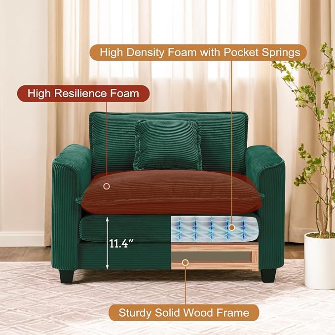 Furniliving Oversized Accent Chair with Ottoman, Luxury Corduroy Single Sofa, Upholstered Deep Seat Chaise Lounge with Pillows for Living Room, Bedroom, Apartment, Green
