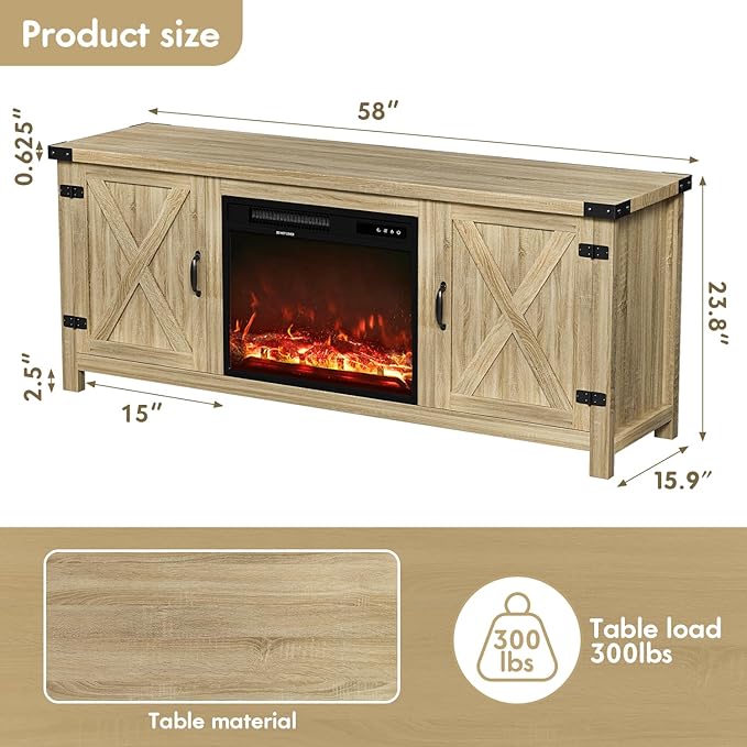 YESHOMY Fireplace TV Stand with Two Barn Doors and Storage Cabinets for Televisions up to 65+ Inch, Entertainment Center Console Table, Media Furniture for Living Room, 58 Inch, Natural Oak