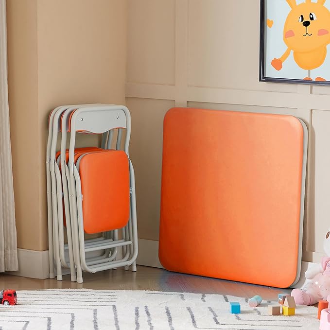 VECELO Kids Folding Activity Table and Chairs 5 Pcs Set, Portable, with Ultra Soft Padded Cushion, Orange