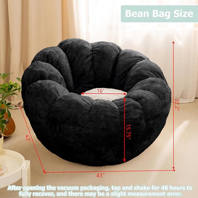 Pumpkin Bean Bag Sofa Chair for Adult, Beanbag Couch with Filler for Reading and Relaxation, Comfy and Lazy Sofa for Dorm, Apartment, Living Room and Bedroom, Black