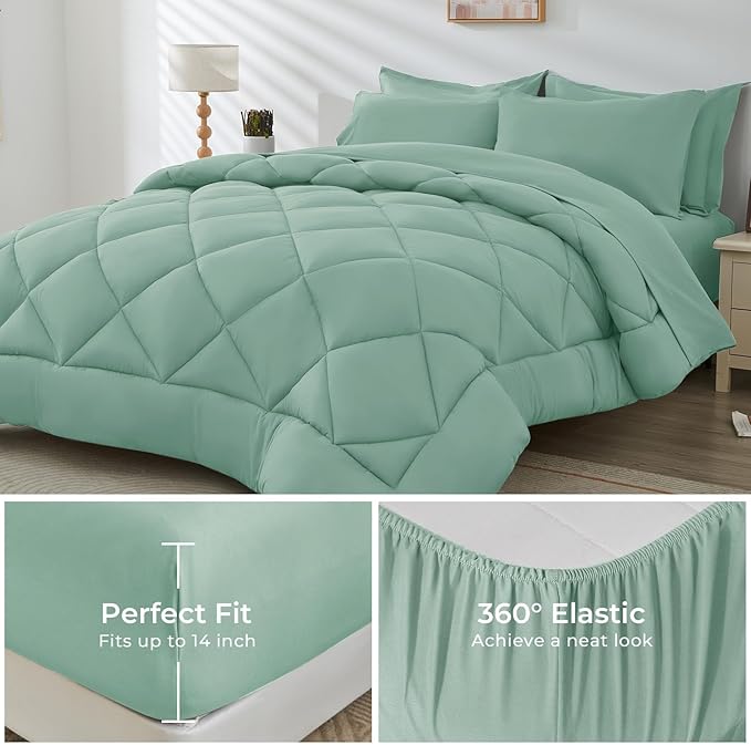 HEVUMYI Sage Green Twin-XL Comforter Set - 5-Piece All Season Bed in a Bag Twin-XL, Ultra Soft Bedding Set with Comforter, Flat Sheet, Fitted Sheet, Pillowcases, Pillow Shams, Sage Green
