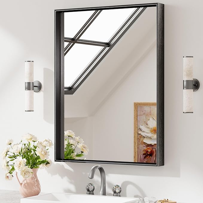 Keonjinn Black Mirror for Wall 24 x 32 Inch Rectangle Bathroom Vanity Mirror for Over Sink Metal Framed Farmhouse Mirror Square Corner Brushed Rectangular Mirror for Bathroom Sink(Horizontal/Vertical)