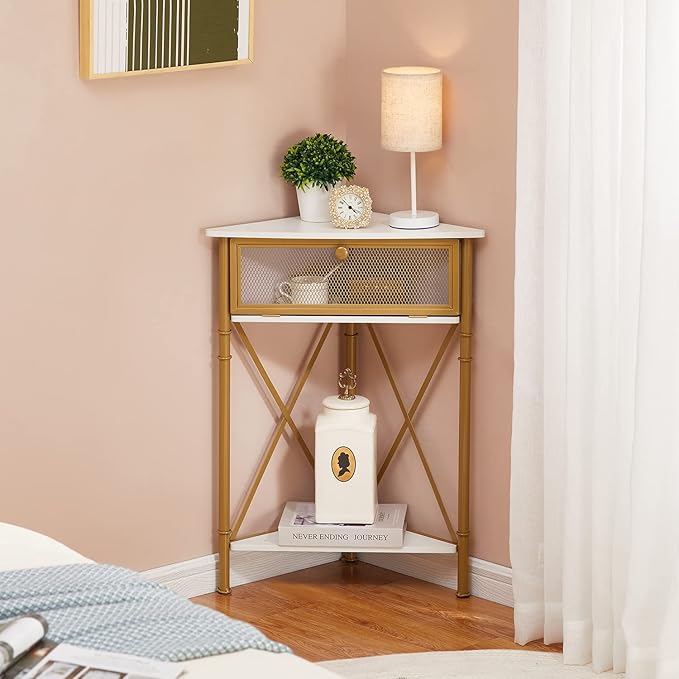 VECELO Cabinet/Table, 3-Tier Display Shelves with Protection Door, Metal Frame Storage Shelf Organizer for Small Space, Living Room, Kitchen, Bathroom, Set of 1, Gold+Black