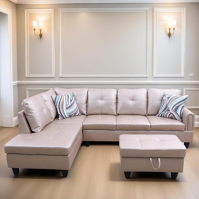 L Shaped Sectional Couches, Leather Couch Modular Sectional Sofa with Ottoman Storage, Modern L Shaped Couch with Chaise for Living Room Bedroom Apartment Furniture, Gray