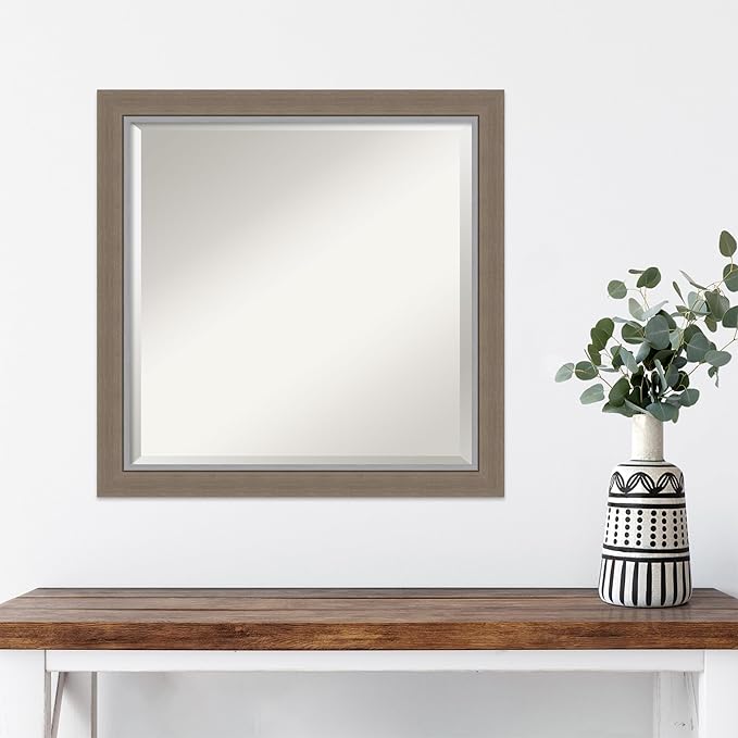 Amanti Art Brown Wall Mirror 23x23 Eva Brown Narrow Square Bathroom Mirror for Wall Decor Living Room, Medium Country Rustic Frame, Hangs Horizonally and Vertically, Bathroom Decor, Beveled Edge