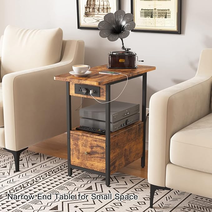 LIDYUK End Table with Charging Station, Narrow Side Table with Drawer and USB Ports & Power Outlets, Nightstand Bedside Tables for Small Spaces, Bedroom, Living Room, Rustic Brown, Set of 2
