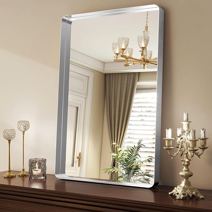 Silver Bathroom Mirror for Wall, 36x24 Inch Rectangular Aluminum Alloy Framed Mirror, Modern Wall Mounted Vanity Mirror for Bathroom, Vertical or Horizontal