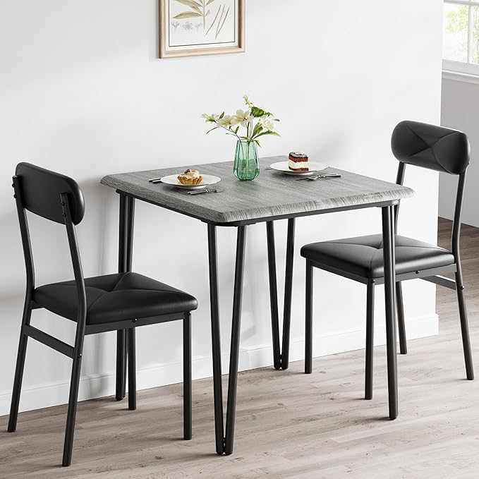 IDEALHOUSE Dining Table Set for 4, Kitchen Table with Upholstered Chairs for Kitchen Room and Small Spaces (Grey, Table with 2 Upholstered Chairs)