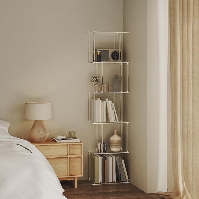 Acrylic Geometric Bookshelf for Small Spaces, 6-Tier Tall Clear S Shaped Bookcase, Modern Open Book Shelf for Living Room, Bedroom, Office, 9.3" D x 15.6" W x 61" H, Easy Assembly