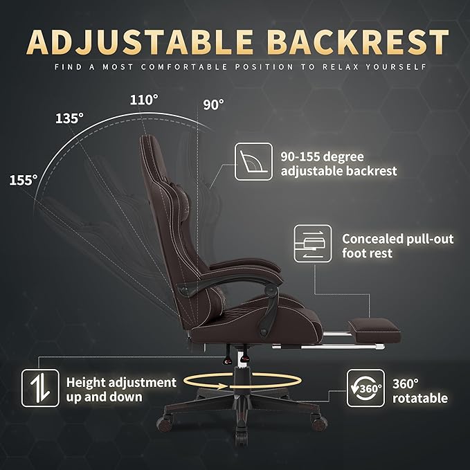 Gaming Chair, 400 lbs Adult Chair, High Back Computer Chair with Footrest and Linked Armrests, Office Video Game Chair with Lumbar Support (Brown)