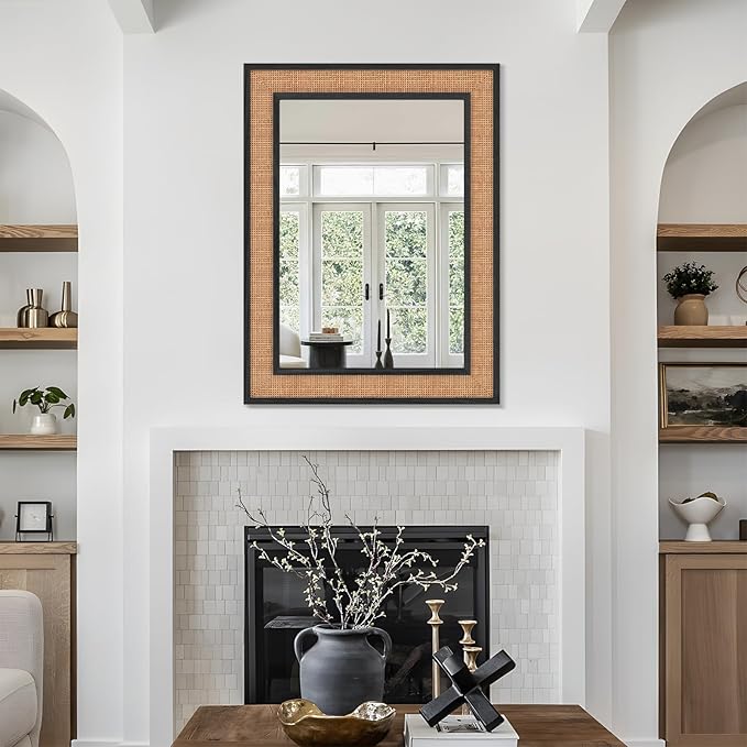 Rattan Wall Mirror with Wooden Framed 24 X 32 inch Farmhouse Rectangle Wood Mirror for Modern Decorative Bathroom, Living Room, Entryway, Bedroom (Black)