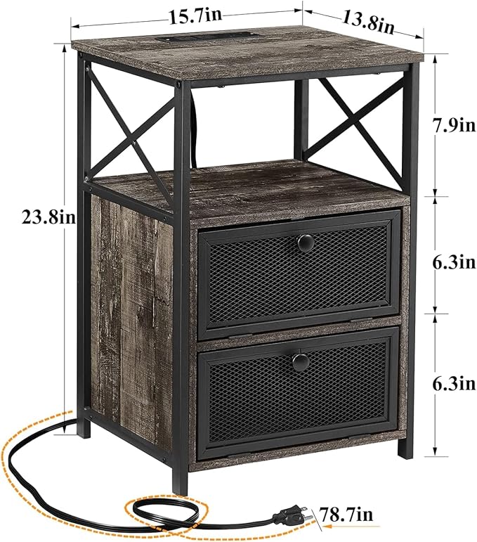 VECELO Oak Gray End Table with USB Ports and Outlets,24 Inch Nightstands with Charging Station and Storage Shelf for Bedroom,Living Room, 2 Set