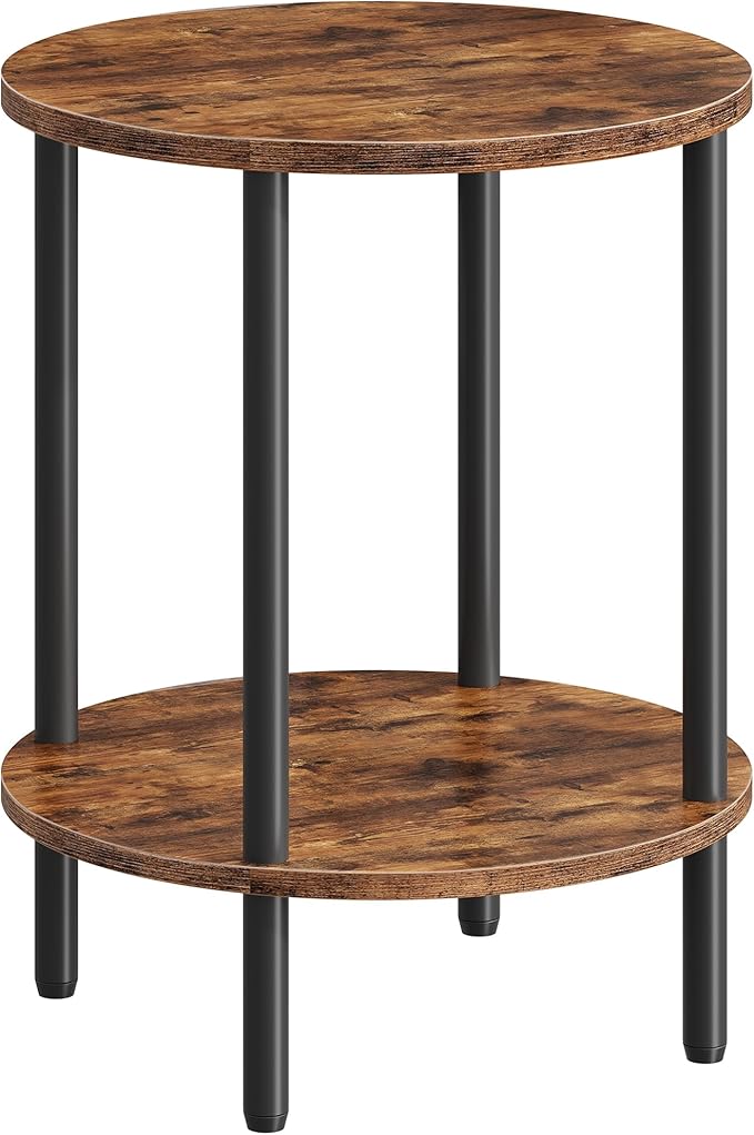 Round Side Table, 2-Tier End Table, Small Side Table with Metal Tube, Industrial Coffee Table, for Living Room, Bedroom, Rustic Brown and Black TBZ11BF