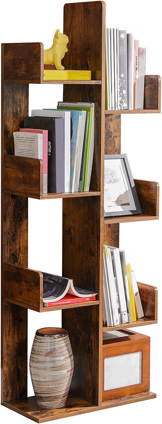 VASAGLE Bookcase, Tree-Shaped Bookshelf with 8 Storage Shelves, Rounded Corners, 19.7 x 9.8 x 55.1 Inches, Rustic Brown ULBC66BXV1