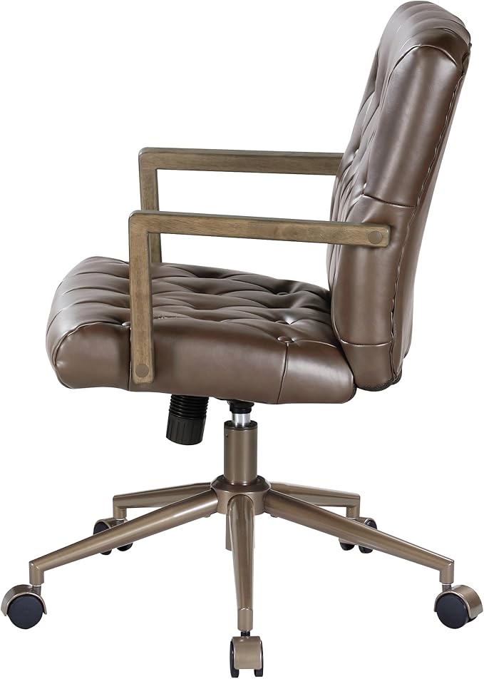OSP Home Furnishings Waltham Adjustable Height and Tilt, Swivel Home Office Chair with Wood Arms, Chocolate Faux Leather