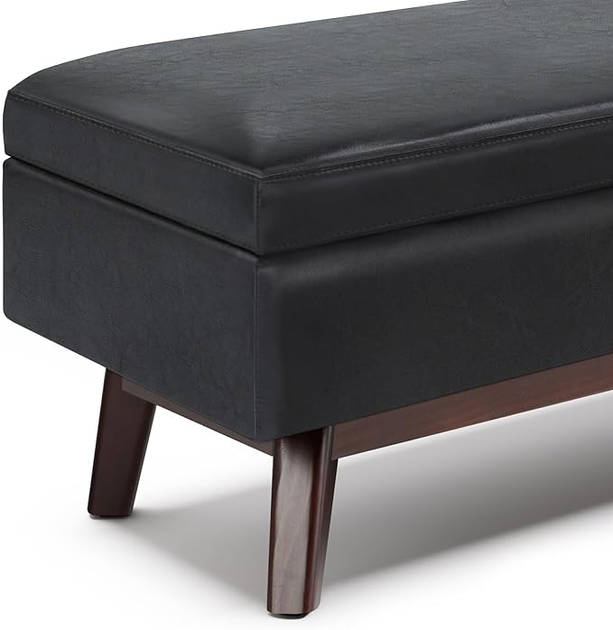 SIMPLIHOME Owen 48 inch Wide Mid Century Modern Rectangle Rectangular Storage Ottoman in Midnight Black Vegan Faux Leather, Assembled, for the Living Room, Entryway and Family Room