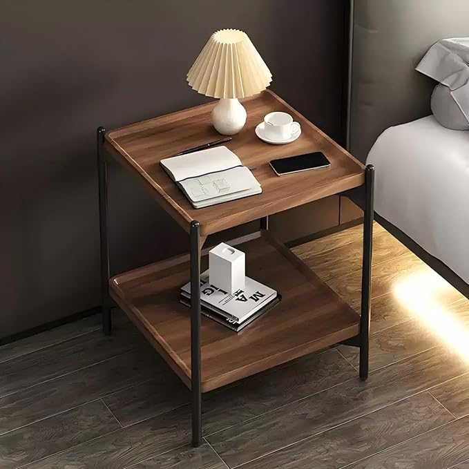 Solid Wood Nightstand with 2-Tier Storage Shelf - Versatile Bedside Table, Sofa Side Desk & Compact Coffee Table for Small Spaces, Space-Saving Design for Living Room/Bedroom (Walnut Finish)