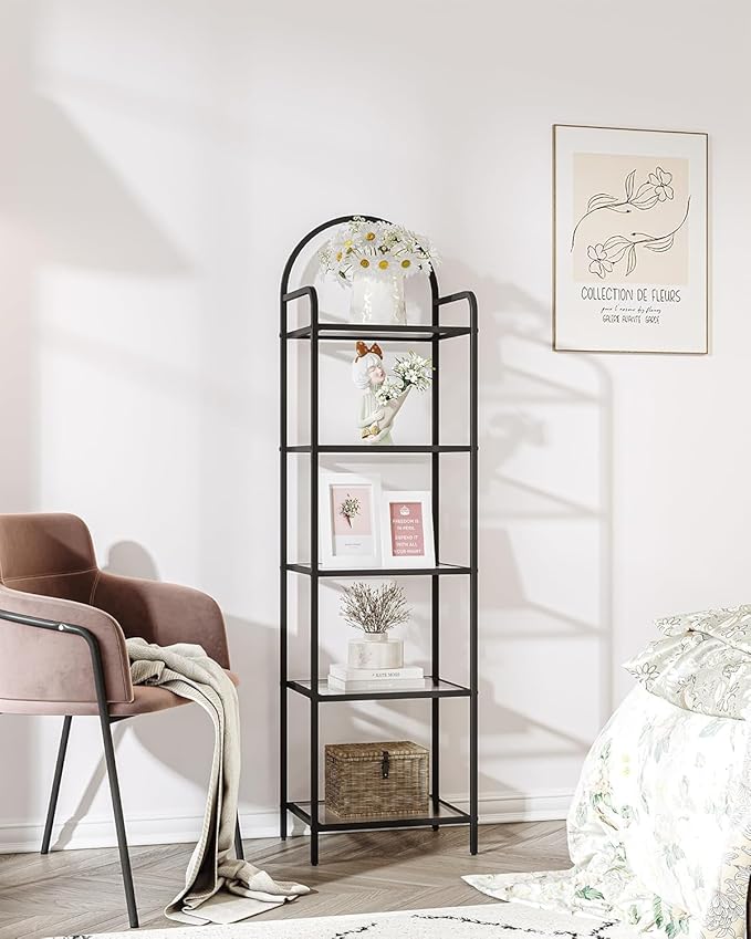 Bookcase Bookshelf, Tempered Glass Bookshelves, Slim Shelving Unit for Bedroom, Bathroom, Home Office, Steel Frame, 5 Tier Black BC05001B