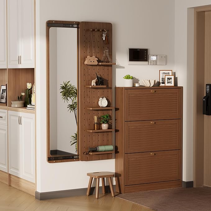 KungFuWood Full Length Mirror with Shelf and Hooks,Entry Way Mirrors for Wall,Wall Mirror with Shelf,Wall Mirror with Storage Multifunctional Design Panel,Living Room