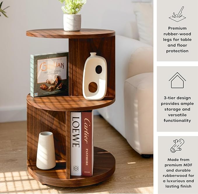KAYMILY Living Room Side Table, Office Round Rotating End Table, Bedroom Mid Century Modern Nightstands, Contemporary Accent Tables - Easy Assembly - MDF Wood - Revolving - Walnut
