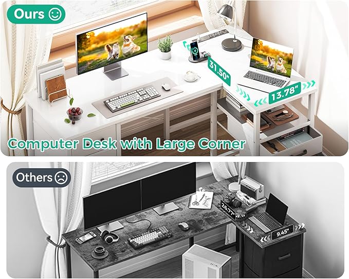Coleshome L Shaped Computer Desk with 6 Drawers & Power Outlet, 55 Inch Corner Desk with Reversible Storage Shelf & File Drawer, Home Office Desk, White