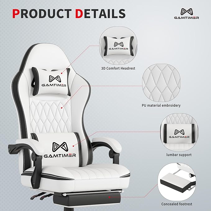 Gaming Chair, 400 lbs Adult Chair, High Back Computer Chair with Footrest and Linked Armrests, Office Video Game Chair with Lumbar Support (White+Black)