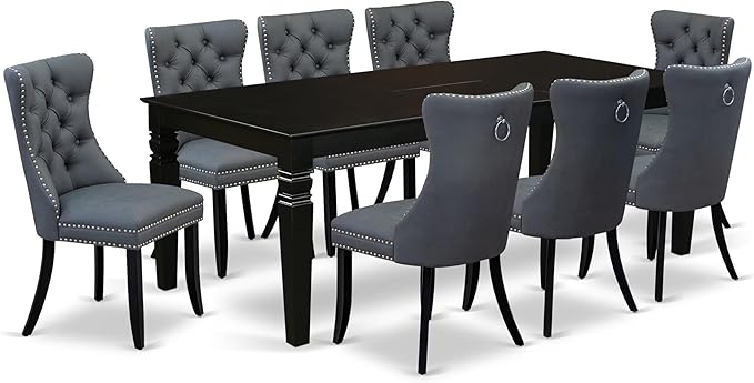 East West Furniture LGDA9-BLK-13 9 Piece Dining Set Includes a Rectangle Kitchen Table with Butterfly Leaf and 8 Polyester Fabric Upholstered Chairs, 42x84 Inch, Black