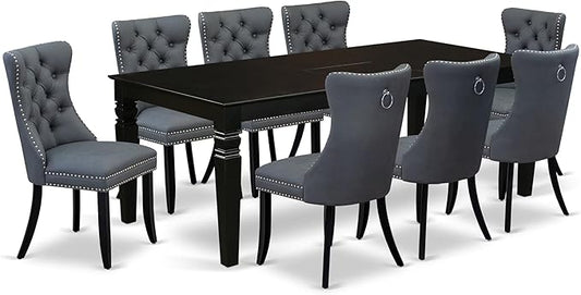 East West Furniture LGDA9-BLK-13 9 Piece Dining Set Includes a Rectangle Kitchen Table with Butterfly Leaf and 8 Polyester Fabric Upholstered Chairs, 42x84 Inch, Black