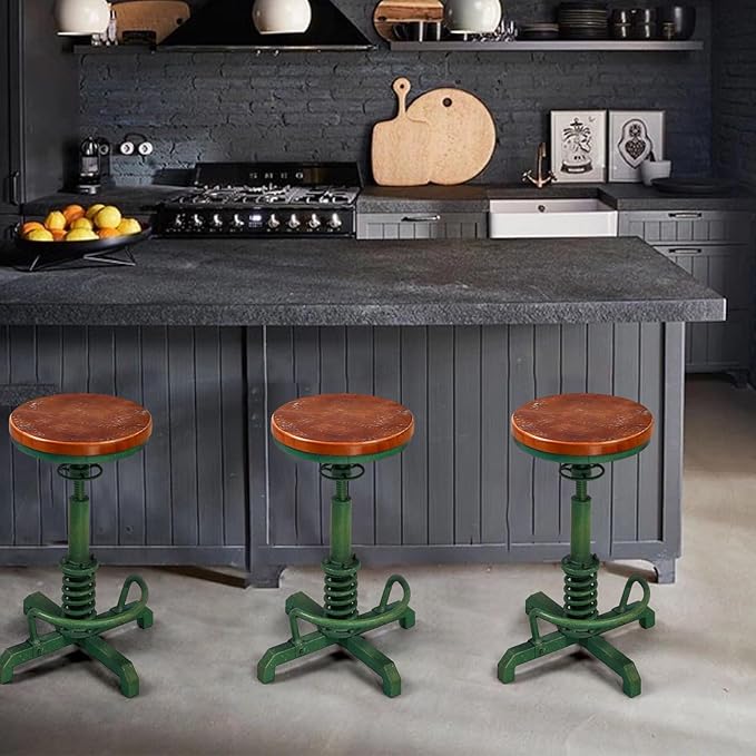 Topower Industrial Retro Vintage Farm Wooden Seat Tractor Stool Kitchen Swivel Height Adjustable bar Stool Antique Green