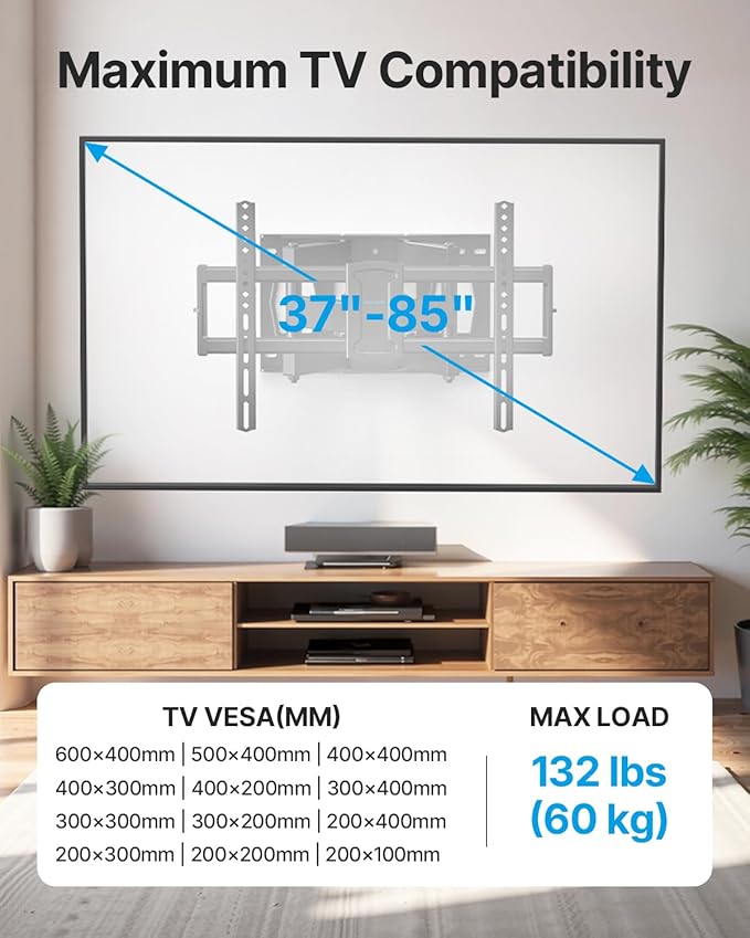Full Motion TV Wall Mount for 37-85 Inch TVs Mounts Up to 132lbs, Fit 16" Wood Stud, Max VESA 600x400mm, Swivel and Tilt Articulating Wall Mount TV Bracket,Fit Most 55+ 65 70 75 inch TVs
