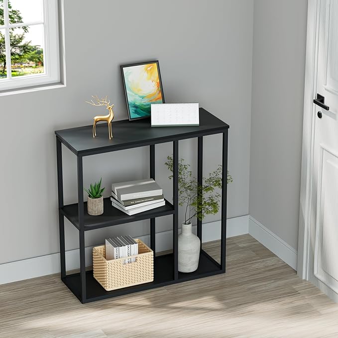 WOHOMO Console Table, 12'' Narrow Entryway Table for Living Room, 31.5'' x 31.5'' Black Industrial Sofa Table with 3-Tier Storage Shelves for Corridor, Hallway, Black