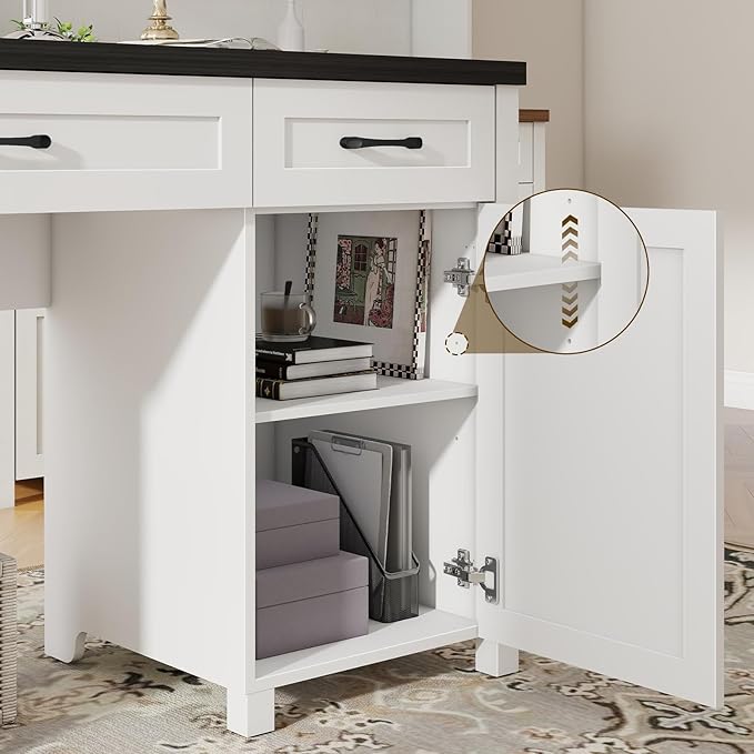 Farmhouse 61'' Executive Desk with 5 Drawers, Rustic Office Desk Computer Desk with Charging Station, File Drawers and Storage Cabinet, Wood Workstation for Home Office and Study.(Black Top)