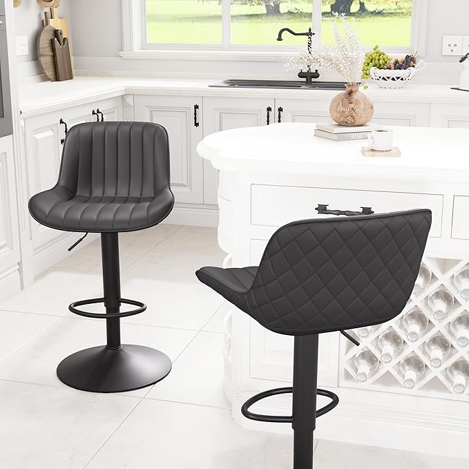 YOUNIKE Black Bar Stools Set of 2 Kitchen Counter Height Barstools with Back Modern Swivel Faux Leather Padded Bar Chair Adjustable Tall Upholstered Breakfast Island Chairs