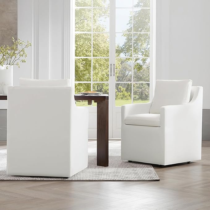 Upholstered Dining Chairs with Casters Washable Cover Side Deskchair with Rollers for Diningroom, Living Room, Cream, 1 Box
