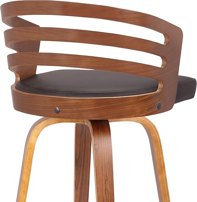 Armen Living Jayden Mid Century Modern Swivel Bar Stool for Kitchen Island Counter in Brown Faux Leather and Walnut Wood, 26" Seat Height