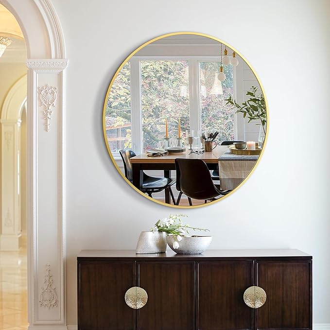Round Mirrors for Wall Decor 28 Inch Gold Mirror Round Bathroom Mirror Matte Gold Wall Mirror Brushed Metal Frame Anti-Rust Tempered Glass for Bathroom Bedroom Living