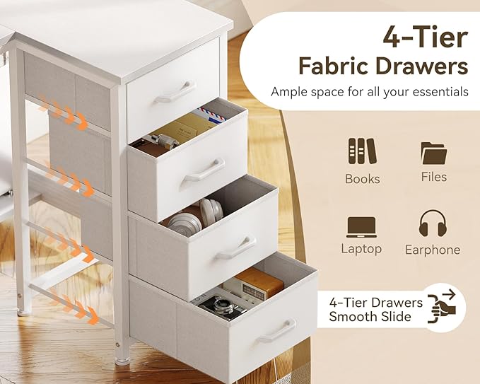 Casaottima L Shaped Desk with 4 Drawers, 47" White Computer Desk with Storage, Reversible Kids Study Table with CPU Stand & Hook, Corner Work Table for Home Office