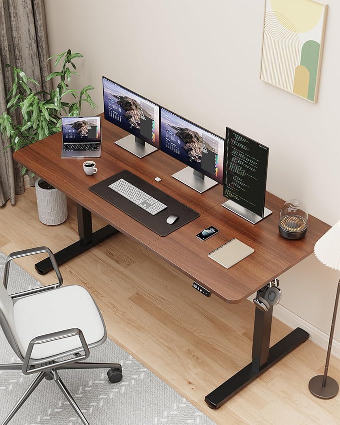 Standing Desk, Large Height Adjustable Electric Stand up Desk, 55 x 24 Inches Sit Stand Home Office Desk, with Splice Board, Black Frame/Walnut Top