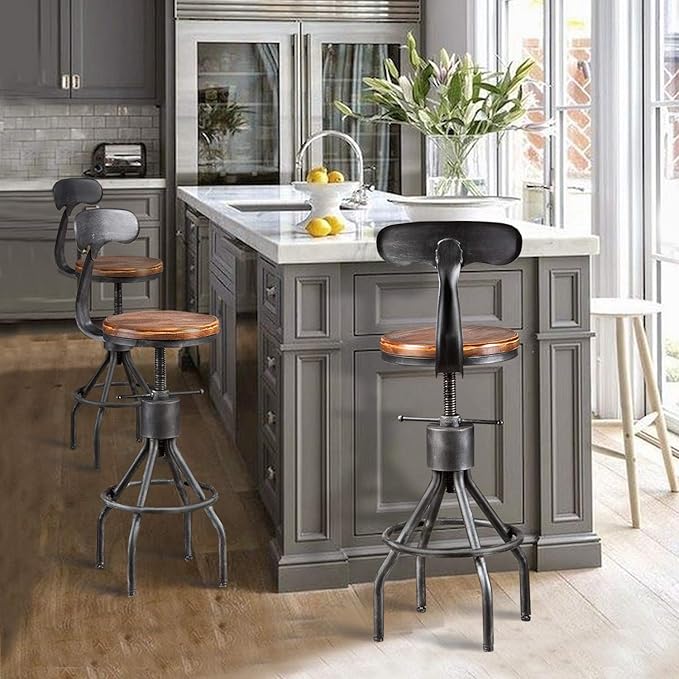 Diwhy Industrial Vintage Bar Stool, Kitchen Counter Height Adjustable Pipe Chair, Cast Iron Stool, Swivel Bar Stool with Backrest, Silver, Fully Welded Set of 2 Brown Wood Seat