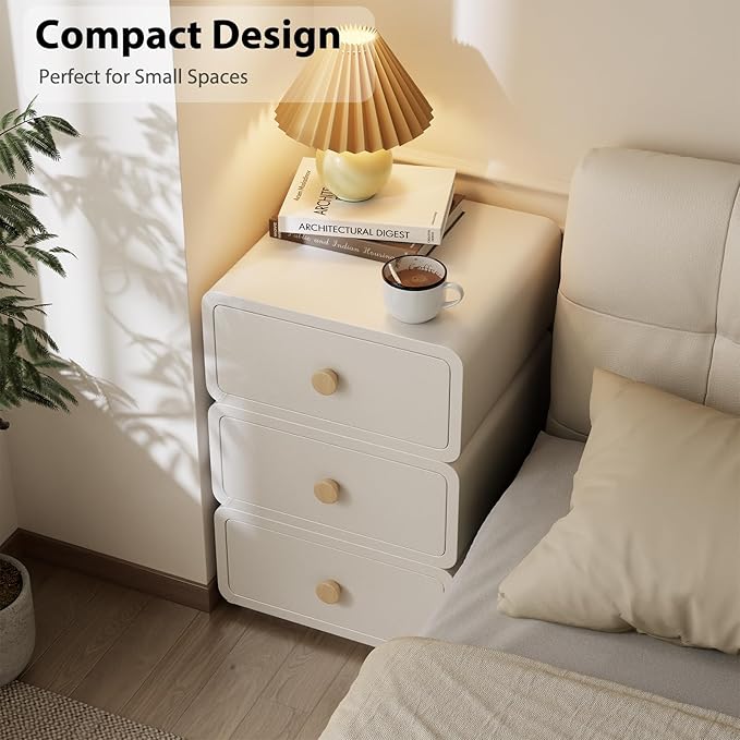 White Night Stand, Narrow Nightstand with Drawers, Modern Nightstand for Bedroom, Dorm and Living Room.