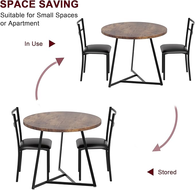 CABIHOME Dining Table Set for 2, Kitchen Table Set for 2, Kitchen Table Set with 2 Upholstered Chairs, Round Dining Table Set for Small Space, Apartment, Retro Brown