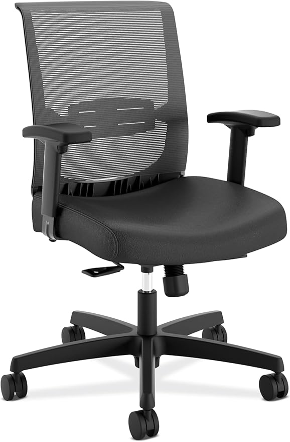 HON Convergence Ergonomic Office Chair, Breathable Back Support Mesh, Adjustable Arms, Computer Chair with Lumbar Support, Rolling Swivel Wheels, Comfortable Synchro-Tilt Recline, Vinyl, Black