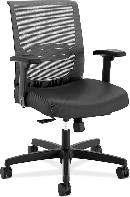 HON Convergence Ergonomic Office Chair, Breathable Back Support Mesh, Adjustable Arms, Computer Chair with Lumbar Support, Rolling Swivel Wheels, Comfortable Synchro-Tilt Recline, Vinyl, Black