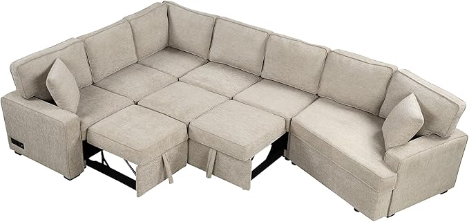 126" Extra Large Pull-Out Sofa Bed with Drop-Down Cup Holder Tables,L-Shaped Sectional Cozy Couch W/Charging Device,Convenient Sleeper Furniture Set for LivingRoom Apartment,Black Chenille