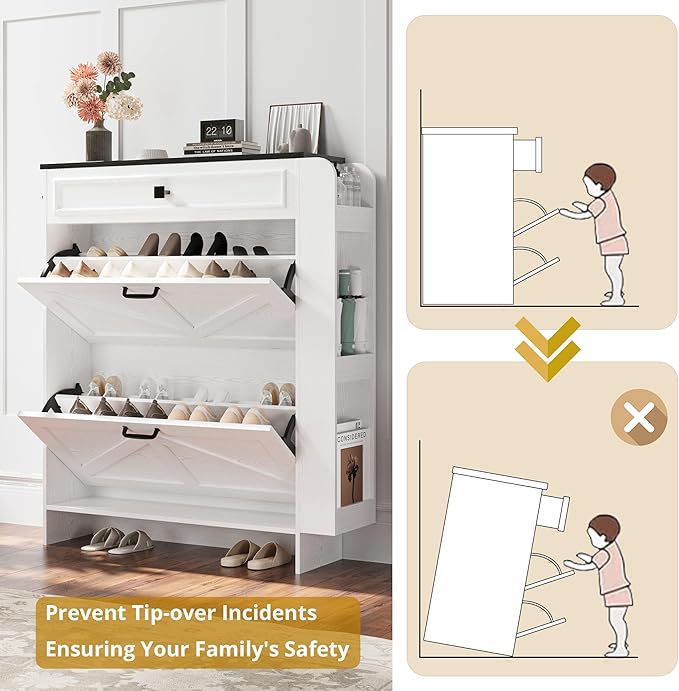 IRONCK Shoe Storage Cabinet with 2 Flip Drawers & Barn Door Design, Freestanding Shoe Cabinet Organizer with Drawer and Shelves for Entryway, Farmhouse Shoe Rack Cabinet, White/Black