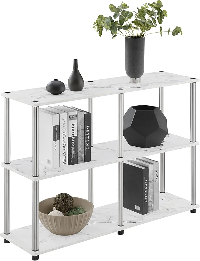 Convenience Concepts Designs2Go No Tools 3 Tier Wide Console Table 42" - Modern Accent with Shelves for TV Media Center, Office Desk Extension, Entryway Display, & Home Storage, White Faux Marble
