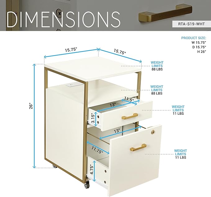Modern 2-Drawer Rolling File Cabinet with Lock, 2 USB Ports and Power Outlet for Device Charging, Portable File Organizer or Printer Stand for Office or Home with Locking Wheels, White & Gold