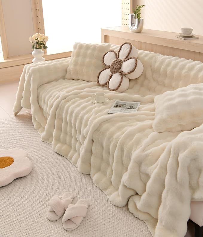 VM VOUGEMARKET Plush Faux Fur Couch Cover Thick Fluffy Fuzzy Sectional Sofa Cover Cream Beige Sofa Slipcover Soft Warm Throw Blanket for Couch Sofa Bed- Cream White,71" x 134"