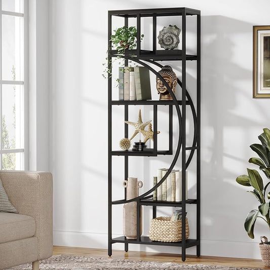 Geometric Bookshelf, 70.9" Tall Bookcase with 7-Shelf Open Shelves, Wood Metal Book Shelf Display Rack Storage Shelving Unit for Office, Bedroom, Living Room, Easy Assembly, Black